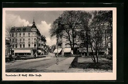 AK Neumünster i. H., Strasse mit Geschäft