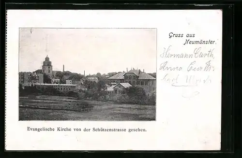 AK Neumünster, Evangelische Kirche von der Schützenstrasse gesehen