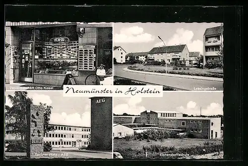 AK Neumünster in Holstein, Papiergeschäft Otto Kissel in der Christianstrasse 64, AEG-Gebäude am Berliner Platz
