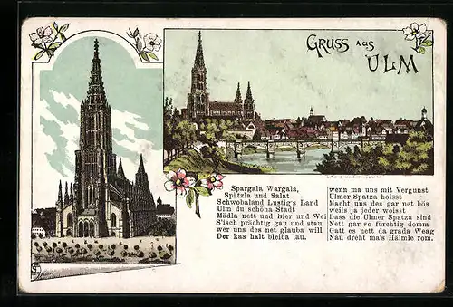 Künstler-AK Ulm, Ortsansicht mit Brücke, Münster