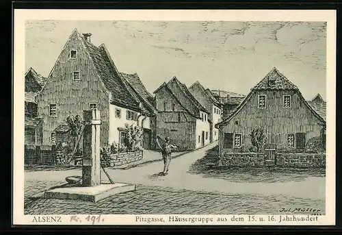 Künstler-AK Alsenz, Häuser aus dem 15. und 16. Jahrhundert in der Pitzgasse