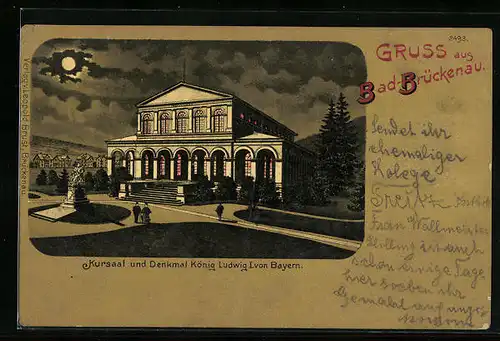 Mondschein-Lithographie Bad-Brückenau, Kursaal und Denkmal König Ludwig I. von Bayern