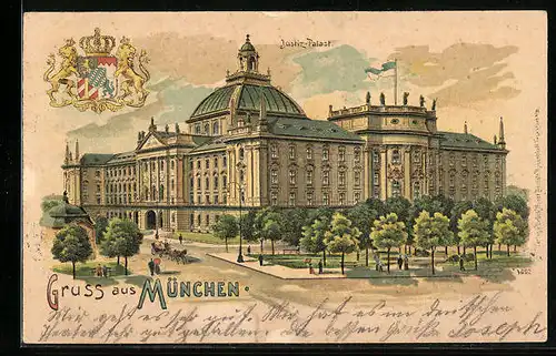 Lithographie München, Justiz-Palast mit Anlagen, Wappen