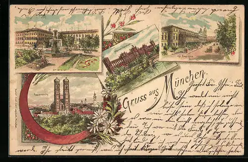 Lithographie München, Universität, Kgl. Residenz, Ortsansicht mit Frauenkirche