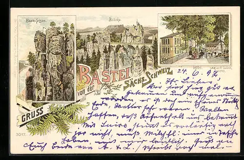 Lithographie Bastei /Sa., Basteifelsen und Brücke, Hotel auf der Bastei