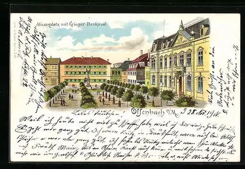 Lithographie Offenbach a. M., Alicenplatz mit Kriegerdenkmal aus der Vogelschau