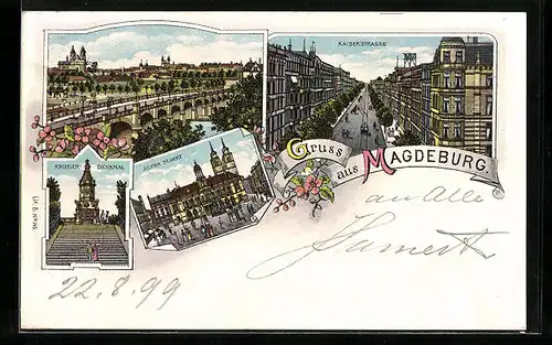 Lithographie Magdeburg, Kaiserstrasse, Brücke, Alter Markt
