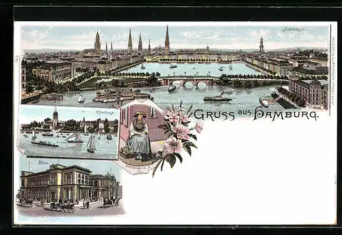 Lithographie Hamburg, Teilansicht mit Alsterbassin, Börse, Vierländerin