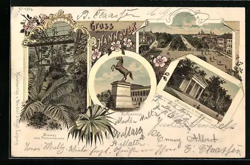 Lithographie Hannover, Herrenhauser Allee, Sachsenross, Palmenhaus