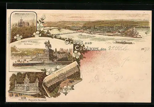 Lithographie Coblenz, Gesamtansicht, Schloss, Kaiserin Augusta-Denkmal