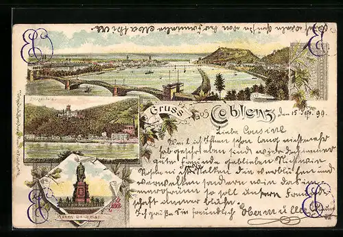 Lithographie Coblenz, Ortsansicht mit Brücke, Göben-Denkmal