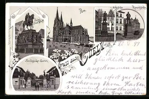 Lithographie Coeln, Dom, Zoologischer Garten, Moltke- und Bismarckdenkmal
