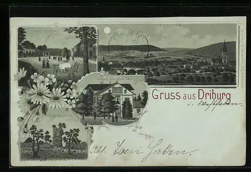 Mondschein-Lithographie Driburg, Ortsansicht Driburg, Strassenpartie Bad Driburg, Kaiser-Wilhelm-Bad
