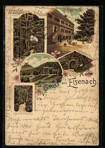 Lithographie Eisenach, Landgrafen-Haus, Fritz Reuter Villa, Drachenschlucht