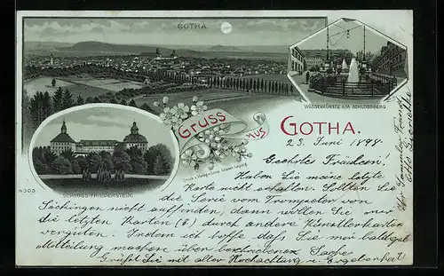 Mondschein-Lithographie Gotha, Teilansicht, Schloss Friedenstein, Wasserkünste am Schlossberg