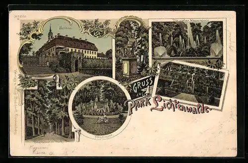 Lithographie Lichtenwalde, Schloss, Freitreppe, Die sieben Wasserkünste
