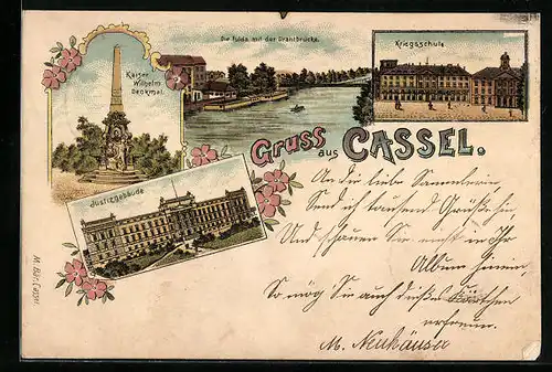 Lithographie Kassel, Justizgebäude, Kriegsschule, Kaiser Wilhelm-Denkmal