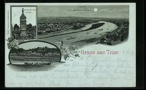 Mondschein-Lithographie Trier, Teilansicht mit der Moselbrücke, Pallien mit Schneidershof, Secundiner-Säule bei Igel