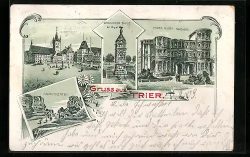 Lithographie Trier, Porta Nigra Nordseite, Amphitheater, Marktplatz