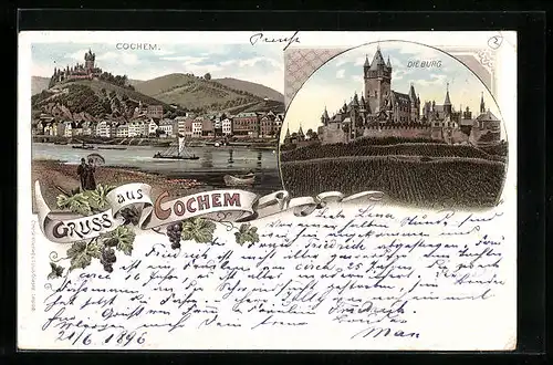 Lithographie Cochem, Die Burg, Uferpartie