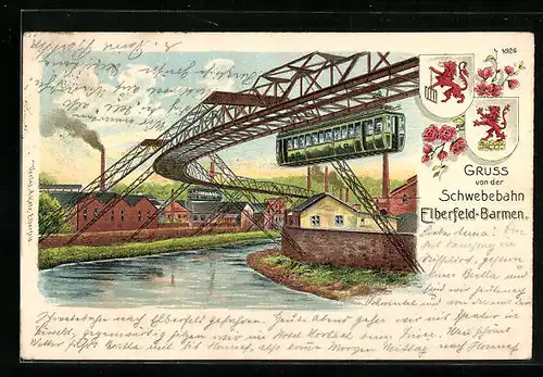 Lithographie Elberfeld, Schwebebahn Elberfeld-Barmen, Wappen