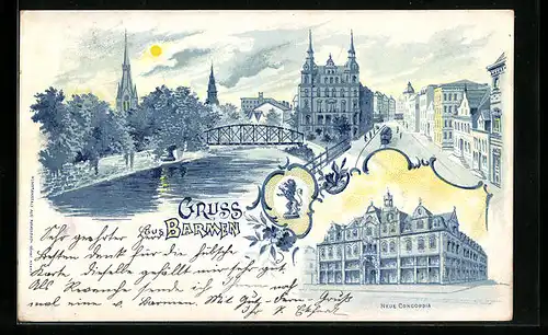 Lithographie Barmen, Strassenpartie mit Strassenbahn, Neue Concordia