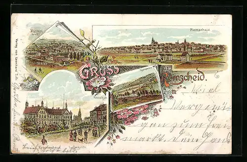 Lithographie Remscheid, Krankenhaus und Lutherkirche, Talsperre, Hasten