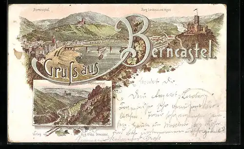 Lithographie Berncastel, Uferpartie, Burg Landshut und Mosel, Tiefenbachthal