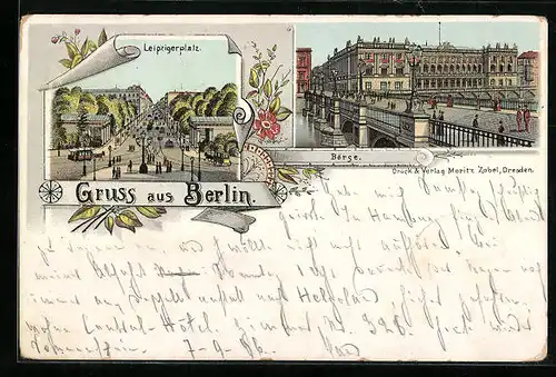 Lithographie Berlin, Börse, Leipzigerplatz mit Pferdebahn