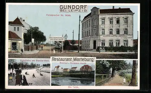 AK Gundorf bei Leipzig, Restaurant Warteburg, Rodelbahn am Bienitz-Wald, Luisen-Quelle