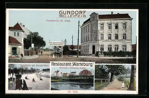 AK Gundorf bei Leipzig, Restaurant Warteburg, Rodelbahn am Bienitz-Wald, Luisen-Quelle