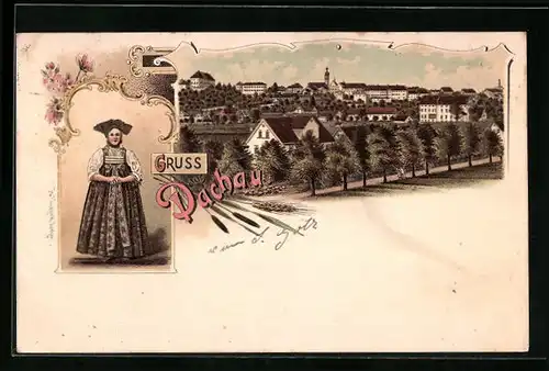 Lithographie Dachau, Teilansicht der Stadt, Frau in Tracht