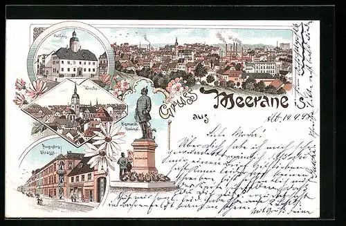 Lithographie Meerane i. S., Rathaus, Kirche, Bismarck-Denkmal