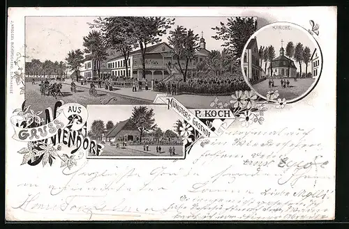 Lithographie Niendorf, Münsters Gasthof P. Koch und Kirche