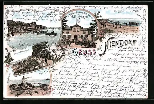 Lithographie Niendorf a. d. Ostsee, Geschäftshaus der Frima J. U. Krüger, Strand-Promenade, Der Strand