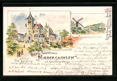 Lithographie Gehrden, Berg-Gasthaus Niedersachsen auf dem Gehrdener Berg, Ortspartie mit Windmühle
