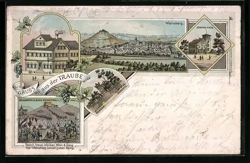Lithographie Weinsberg, Gasthaus Traube, Kerner-Haus, Kerner-Denkmal