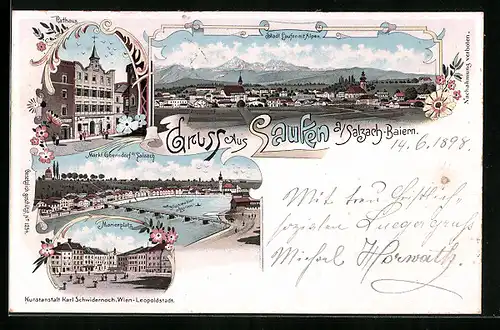 Lithographie Laufen a. Salzach-Baiern, Rathaus, Markt Oberndorf a. Salzach, Marienplatz