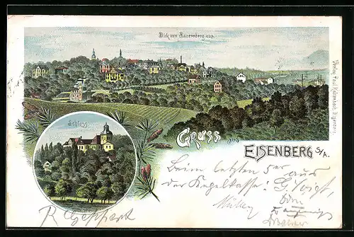 Lithographie Eisenberg /S.-A., Blick auf den Ort vom Bauernberg aus, Schloss