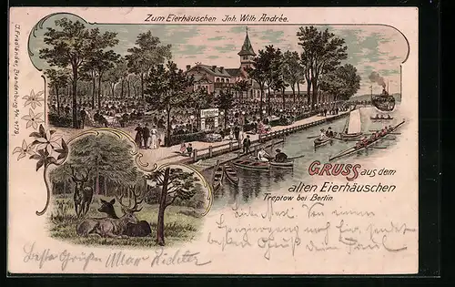 Lithographie Treptow bei Berlin, Gasthaus zum Eierhäuschen, Hirsche und Reh