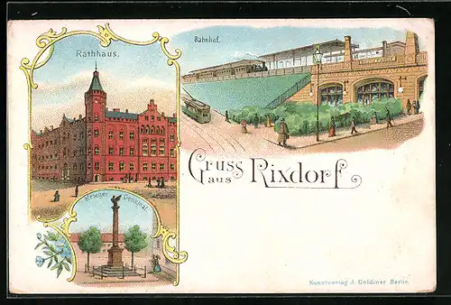 Lithographie Berlin-Rixdorf, Rathaus, Bahnhof, Krieger-Denkmal