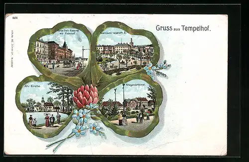 Passepartout-Lithographie Berlin-Tempelhof, Kaserne mit Bahnhof, Garnison Lazareth II., Alte Kirche und Kriegerdenkmal