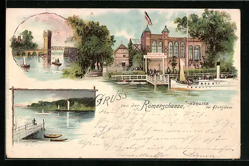 Lithographie Nedlitz bei Potsdam, Restaurant Römerschanze, Wasserpartien