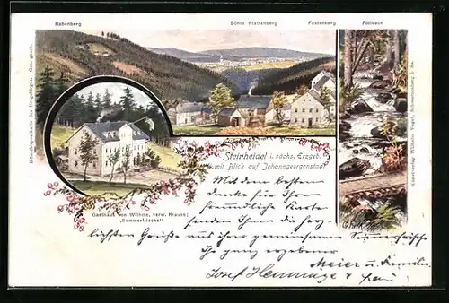 AK Steinheidel /Sa., Ortsansicht mit Bergen, Fällbach, Gasthaus Sommerfrische Krauss