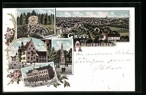 Lithographie Aschersleben, Ortsansicht, Rathaus, Gymnasium