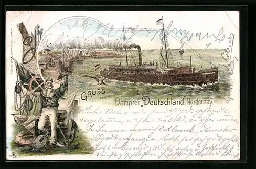 Lithographie Norderney, Hafenpartie mit Dampfer Deutschland, Fischer