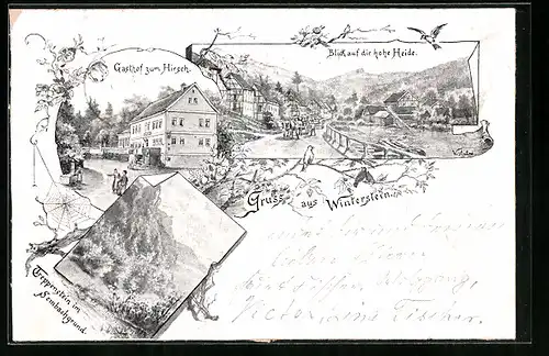 Passepartout-AK Winterstein, Gasthof zum Hirsch, Blick auf die hohe Heide