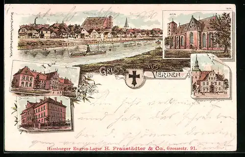 Lithographie Verden /Aller, Ortsansicht mit Aller, Dom, Gymnasium, Wappen