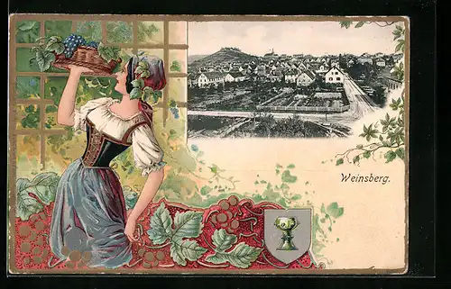 Passepartout-Lithographie Weinsberg, Teilansicht mit Berg, Mädchen mit Weintrauben