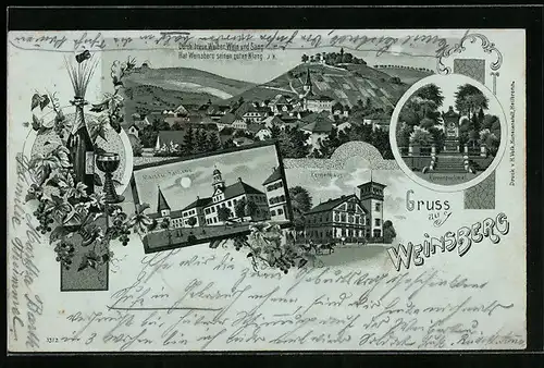 Mondschein-Lithographie Weinsberg, Ortsansicht mit Umgebung, Markt & Rathaus, Kernerhaus